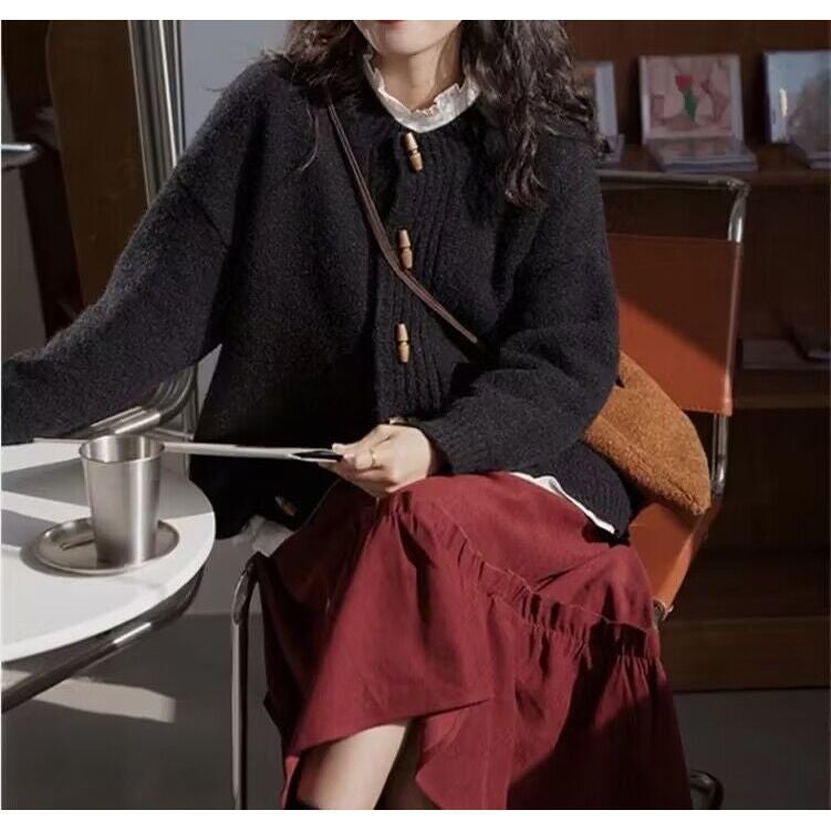 Green Horn Button Knitted Cardigan For Women, European Style Raccoon Fleece Thickened Winter Outerwear Sweater Jacket New Arrival - Image 1